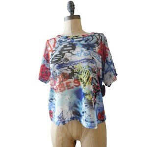 Full Circle Trends Size S Small Artsy Graffiti Style Semi Sheer Crop Top NWT